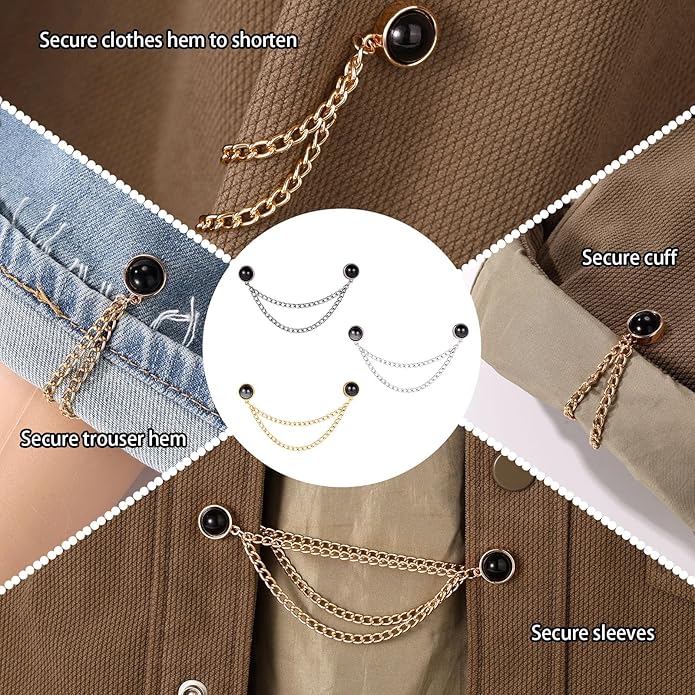 6pcs Magnetic Clothing Clips with Chain, Multi-Function Magnet Button Pins Hijab Cuff Clips for Fixing Hem of Clothes Long Pants Legs Sleeves of Shirts