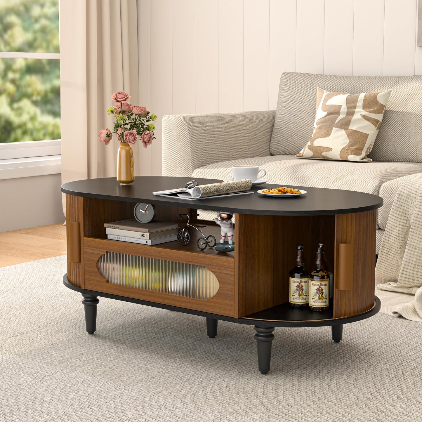 Fluted Round Coffee Table with Storage, Modern Oval Coffee Table with Drawer, Sliding Door, Low Small Center Tables for Living Room, Wooden Boho, Mid Century, Unique, Black and Walnut