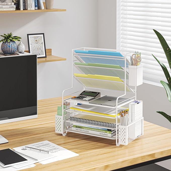Simple Trending 7 Tier Desk File Organizer, Letter Tray Paper Organizer with Pen Holder and Metal Hanging Basket, White