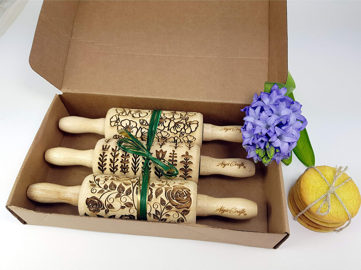 SEASONS 3 Mini Embossed Rolling Pin Set. Wooden Laser Cut Mini Rolling Pins for cookies or clay with spring flowers, tulips, daffodils, strawberries, raspberries, birch, trees by Algis Crafts