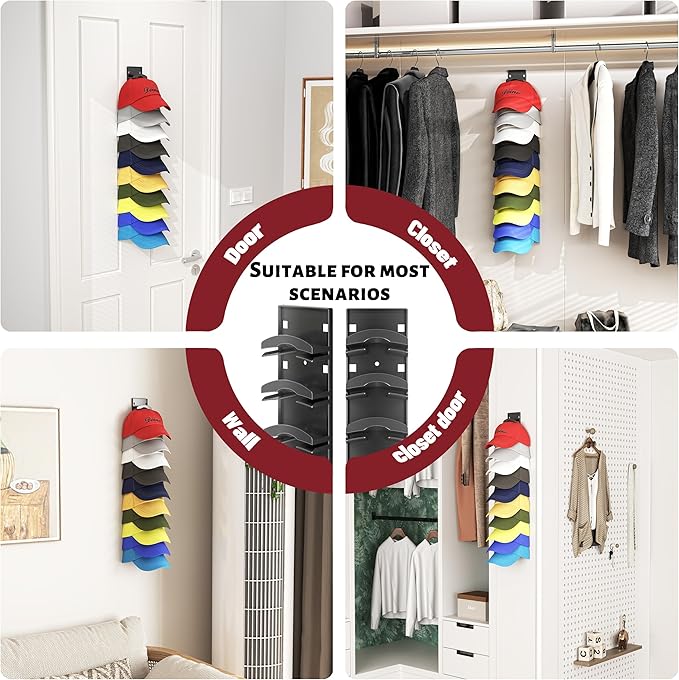 Hat Organizer Hold up to 10 Hats, Hat Rack for Wall with Strong Adhesive, Hat Organizer for Baseball Caps Display for Door Closet, Hat Hanger Holder Storage Multilayer Two Mounting Option(Black)