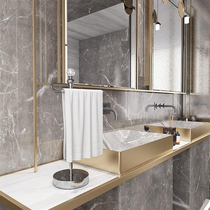 Bath Hand Towel Holder Standing, Stainless Steel Stable Free-Standing Towel Bar for Bathroom Kitchen Countertop, Rustic Towel Ring Stand with Crystal Ball 15.7” H (Polished Chrome, 2 Pack)