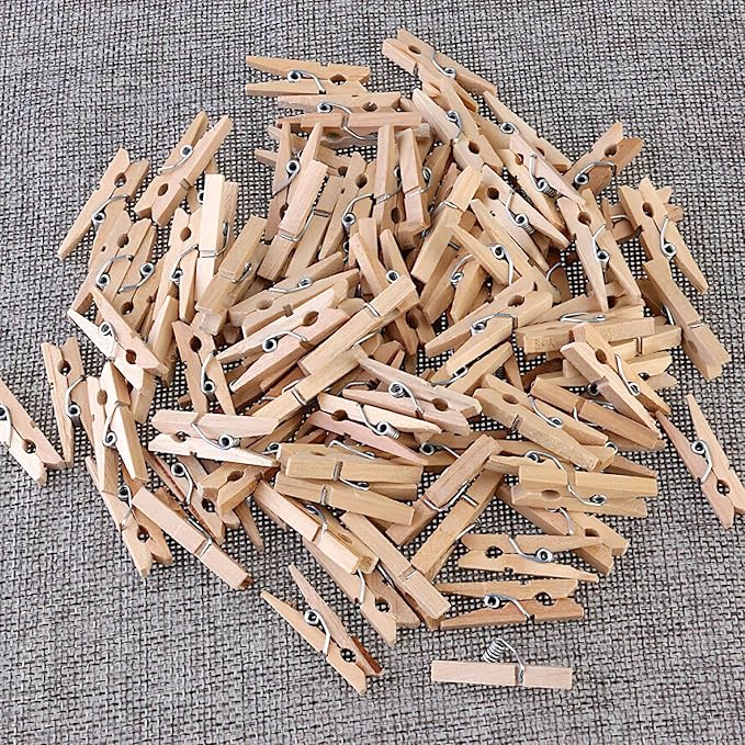 Sturdy Mini Clothes Pins for Photo, 150 Pcs 1 Inch Natural Wooden Clothespins with 33 FT Jute Twine, Small Clips for Crafts Display, Baby Shower Game, Hanging Decorative Pictures, Cocktail, Weddings