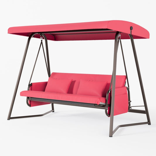 3-Seater Outdoor Patio Metal Swing Chair with Cushion and Adjustable Canopy, Comfortable Leisure Swing Bed with Adjustable Backrest, for Yard, Patio, Garden, Red