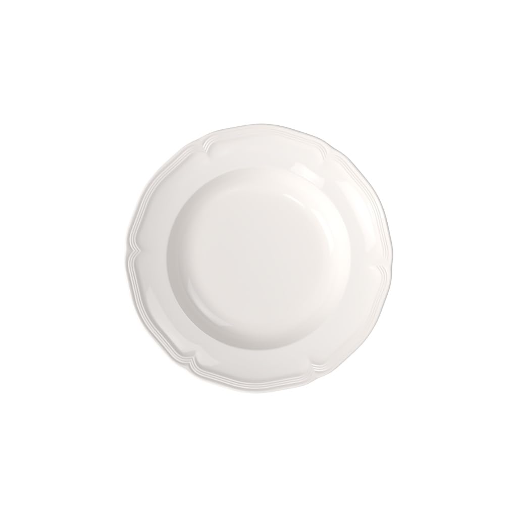 Villeroy & Boch Manoir Collection Pasta Bowl/Soup Plate, Premium Porcelain, Made in Germany, Dishwasher and Microwave Safe, Wide Rim, 9 in Diameter, 10 oz Capacity, Rich, Creamy White