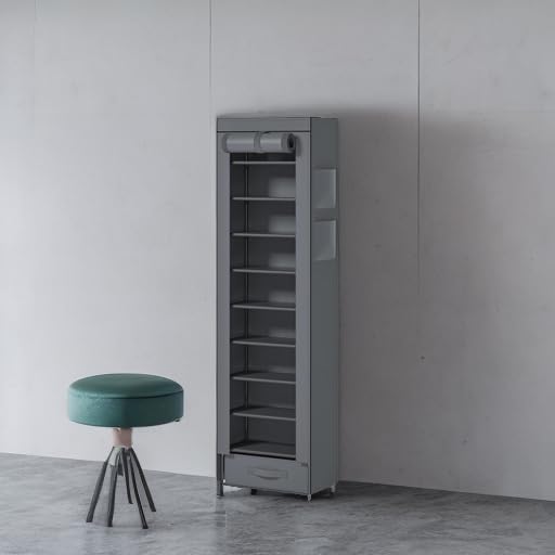 OYREL Shoes Rack 10 Tier Tall Narrow Shoe Rack with Bin Covered Shoe Shelf Storage Organizer Closet Stackable Shoe Stand