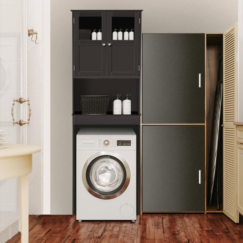 VINGLI Over The Toilet Storage Cabinet White Bathroom Storage Organizer Above The Toilet Shelf with Acrylic Glass Double Doors Wood Muebles para BañO Rack with Adjustable Shelf Espresso
