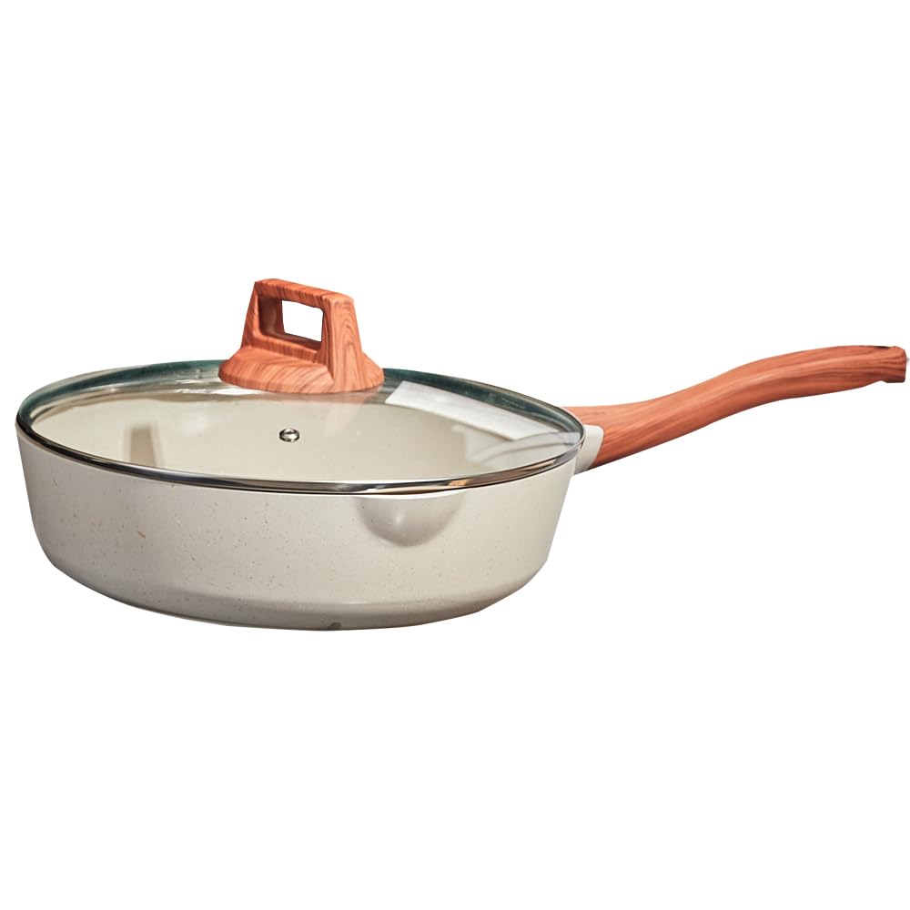 Nonstick Frying Pans With Lid, 11 Inches Skillets Deep Frying Pan Non stick, Ceramic Frying Pans With Pour Spout, Non Toxic Frying Pan for Stove, Induction, Gas, PB/CD/PFOA Free (White,11 Inches)