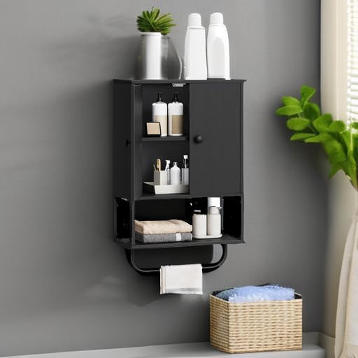 Bathroom Wall Cabinet with 2 Door and Adjustable Shelf, Farmhouse Medicine Cabinet with Towel Rack, 3-Tier Wall Mounted Storage Cabinet Over The Toilet for Bathroom Laundry Room, Black