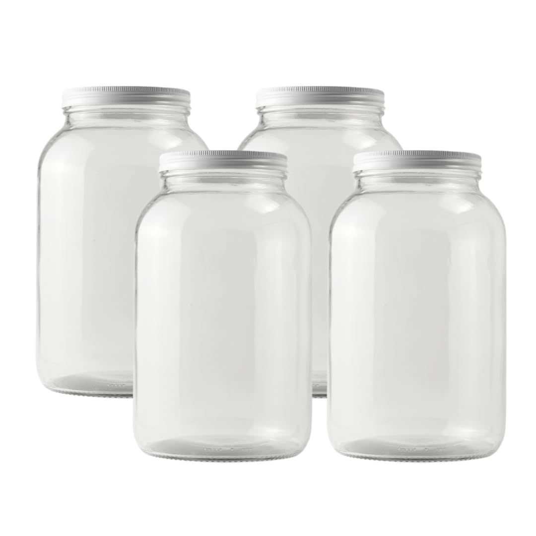 4-Pack 1 Gallon Glass Jar with Lid | Wide Mouth Set with White Metal Caps