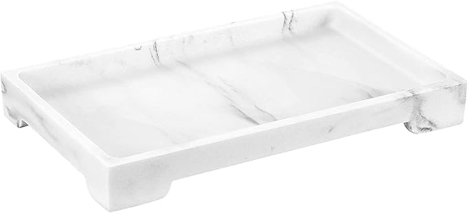 Luxspire Bathroom Vanity Tray, 10 x 6 inch Marble Bathroom Perfume Tray Dresser Tray, Resin Rectangle Vanity Tray, Bathroom Vanity Countertop Organizer for Cosmetics Hand Towel, M, Gravel White