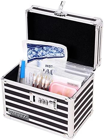 Vaultz Medicine Storage Box w/Combination Lock - 4 x 6 x 4 Inches Cabinet Safe, Black & White Stripes