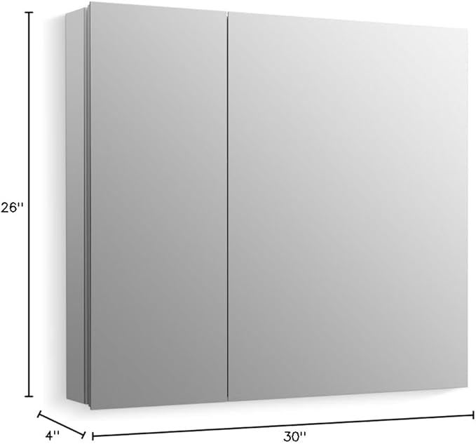 Kohler 55064-NA Embark Slim Medicine Cabinet Mirror, Adjustable Shelves with Mirrored Doors, 30 in. W x 26 in. H
