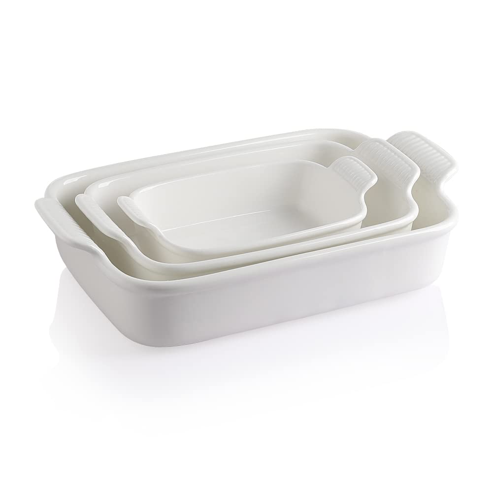 Sweejar Baking Pans Set, Ceramic 9x13 Baking Dish with Handle, Rectangular Casserole Dishes for Oven, Bakeware Sets of 3, Durable Lasagna Pan Deep for Kitchen, Banquet, Wedding Gift(Beige)