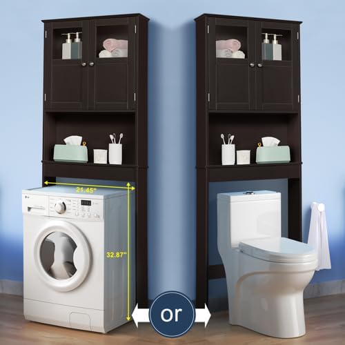 VINGLI Over The Toilet Storage Cabinet White Bathroom Storage Organizer Above The Toilet Shelf with Acrylic Glass Double Doors Wood Muebles para BañO Rack with Adjustable Shelf Espresso