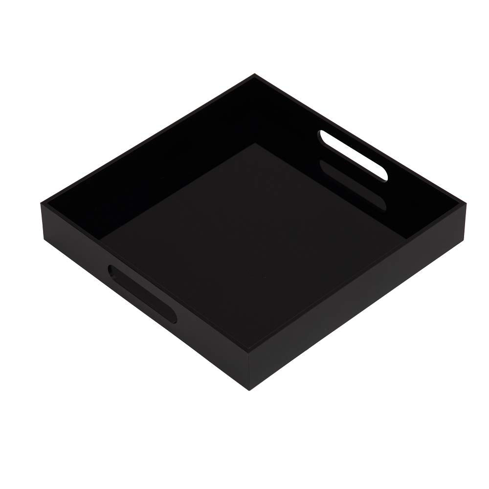 KEVLANG Glossy Black Sturdy Acrylic Serving Tray with Handles-10x10Inch-Serving Coffee,Food,Breakfast,Butler-Kitchen Countertop Tray-Makeup Drawer Organizer-Vanity Table,Ottoman Tray-Decorative Tray