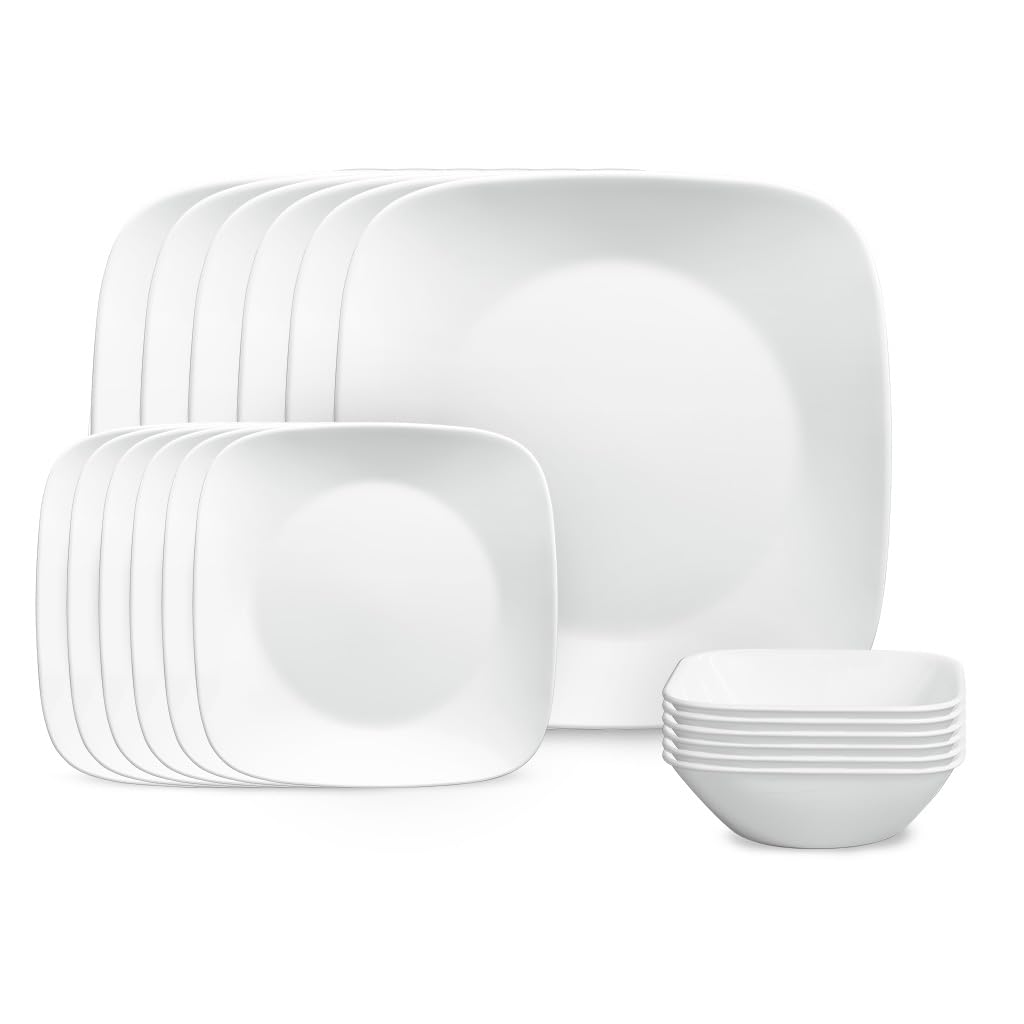 Corelle Vitrelle 18 Piece Glass Dinnerware Sets Rectangular Square Plate and Bowl Set Service for 6, Triple Layer Chip & Crack Resistant Glass Plate and Bowl Sets, Wandering Grove