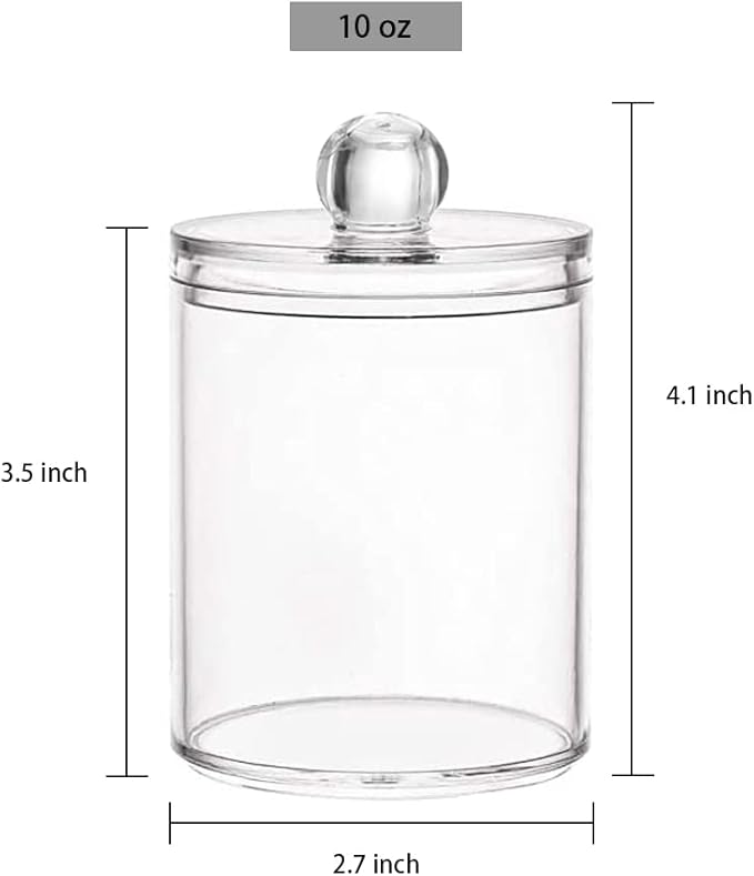 2 Pack Qtip Holder Storage Canister for Cotton Ball, Cotton Swab, Pads, Floss; 10-Ounce Clear Plastic Apothecary Jar with Lid, Bathroom Makeup Organizer (2)