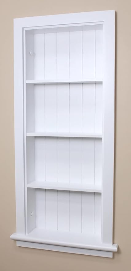 Fox Hollow Furnishings 14x36 Aiden Recessed Wall Niche Medicine Cabinet Replacement, in The Wall Bathroom Cabinet Insert Shelf/Shelves, Made in North America, Real Wood, NO MDF, Beadboard, White