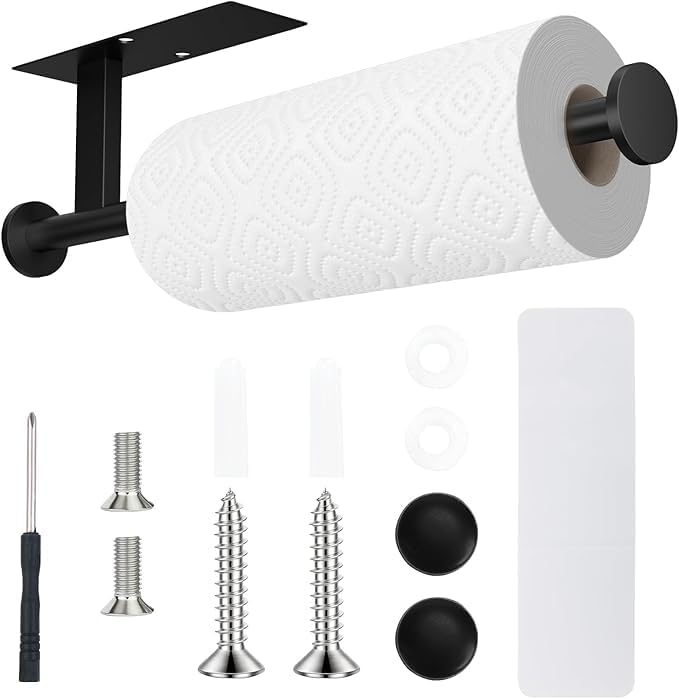Paper Towel Holder Wall Mount - Self Adhesive No Drill or Drilling, SUS304 Stainless Steel - Kitchen, Bathroom, Sink, Pantry, Fridge(Black)