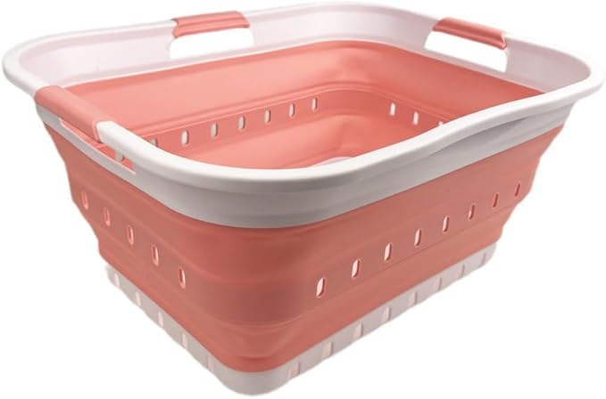 SAMMART 42L (11 gallon) Collapsible Plastic Laundry Basket - Foldable Pop Up Storage Container/Organizer - Space Saving Hamper/Basket (1, White/Quartz Pink)