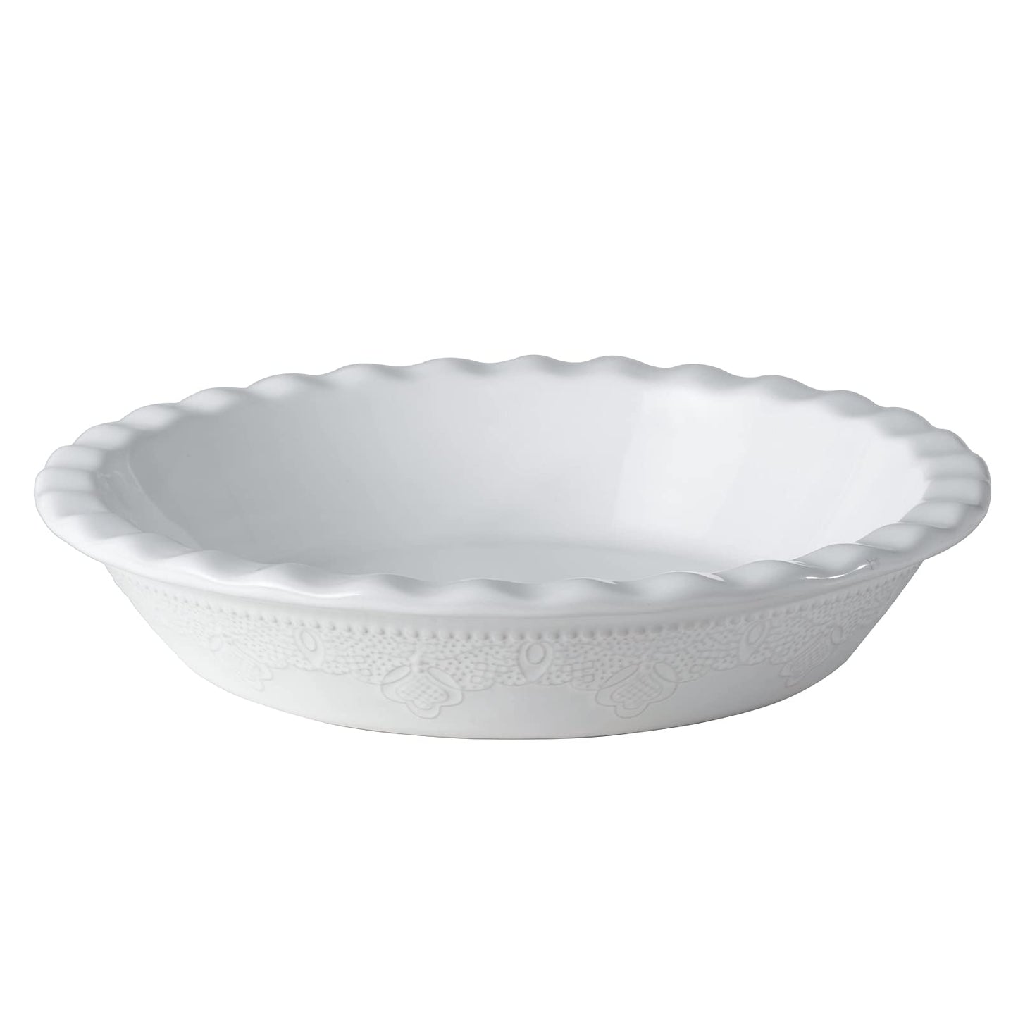 Fun Elements Pie Pan, 9 Inch Ceramic Pie Dish, Deep Dish Pie Pan with Lace Emboss, Ruffled Pie Plate for Baking, Thanksgiving Christmas Gifts, Set of 2, White