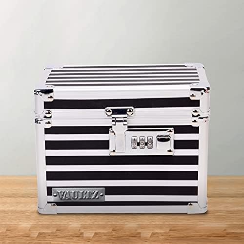 Vaultz Medicine Storage Box w/Combination Lock - 4 x 6 x 4 Inches Cabinet Safe, Black & White Stripes