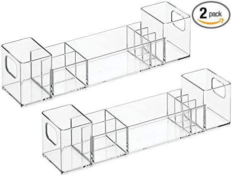 mDesign Plastic Bathroom Medicine Cabinet Organizer with Handles - Divided Vanity Storage Holder/Container for Cotton Swabs, Makeup, Bathroom Essentials/Toiletries, Lumiere Collection, 2 Pack - Clear