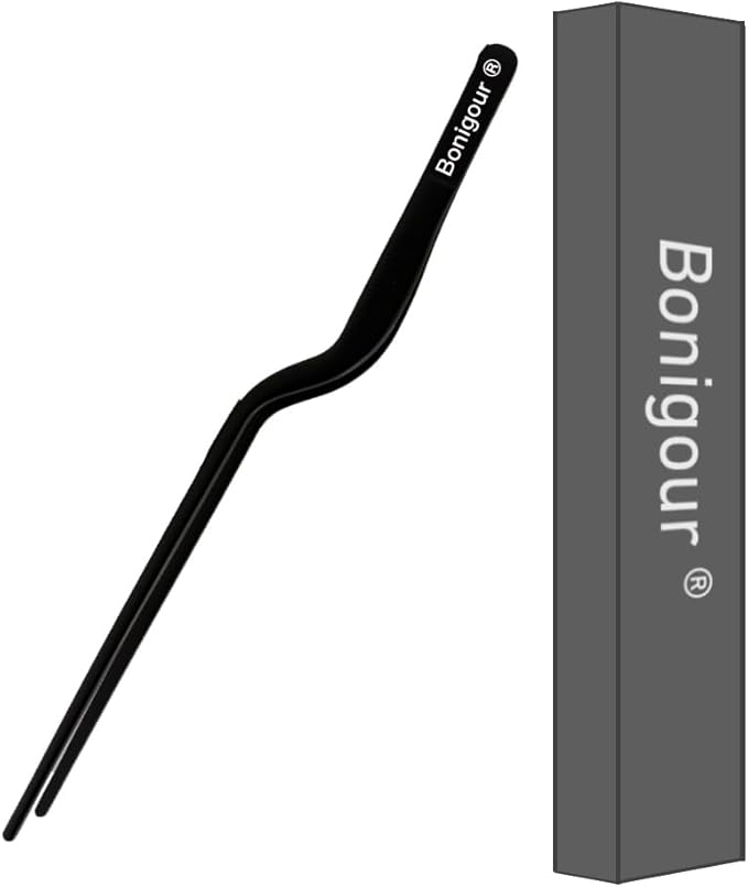 Bonigour 8 Inch Precision Offset Tweezers, Kitchen Culinary Stainless Steel Tongs, Curved Kitchen Cooking Multi-function Chef Precision Tweezer Tongs for Plating, Food Decorating and ect (Silver)