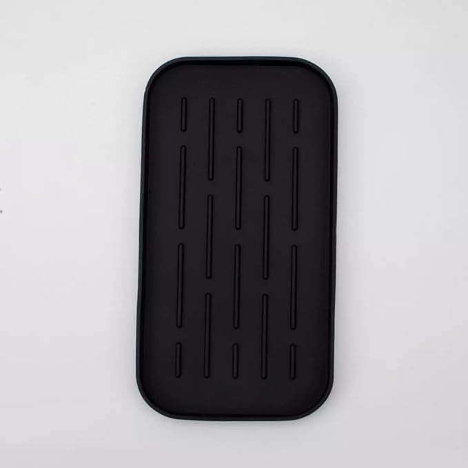 Silicone Organizer Tray, Soap and Sponge Holder for Kitchen Sink, Bathroom - Storage Tray for Dish Brush, Soap Dispenser, Dishwashing Accessories (Black 10x5.3in)