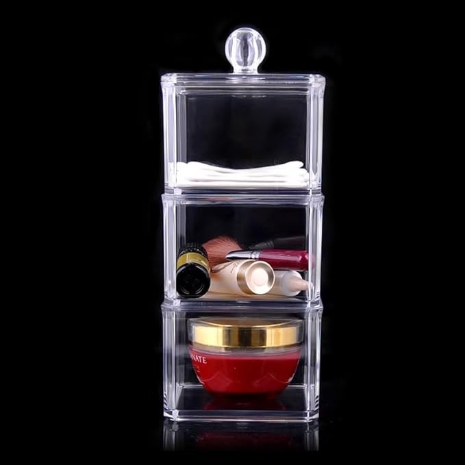 Stackable Square Acrylic Cotton Ball Holder Q-tip Holder Bathroom Swab Dispenser (3-Pack)