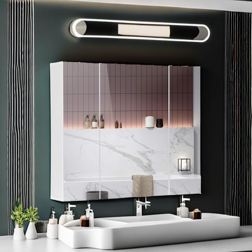DICTAC Medicine Cabinet Bathroom Mirror Cabinet with 3 Door 27.6x23.62 Inch Bathroom Wall Cabinet with Mirror Wall Mirror Storage Shelf with 3-Adjustable Shelves Storage Organizer Cupboard,White