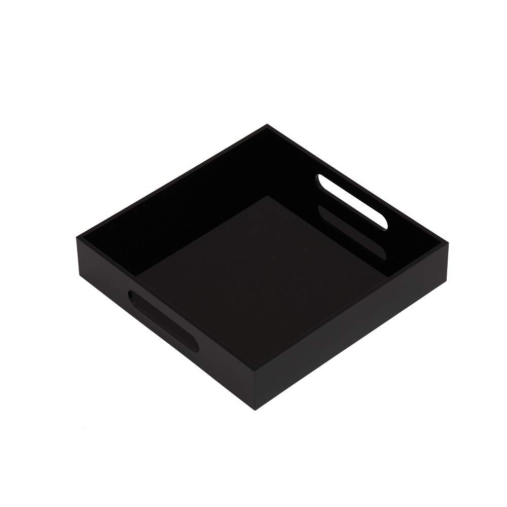 KEVLANG Glossy Black Sturdy Acrylic Serving Tray with Handles-10x10Inch-Serving Coffee,Food,Breakfast,Butler-Kitchen Countertop Tray-Makeup Drawer Organizer-Vanity Table,Ottoman Tray-Decorative Tray