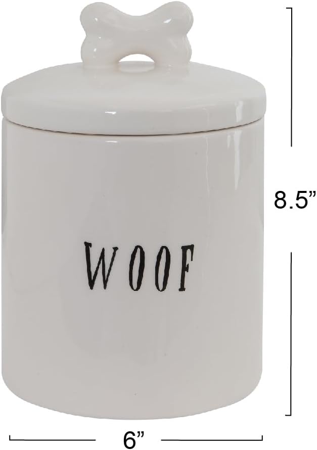 Creative Co-Op Ceramic Dog Treat Jar with Woof Message and Bone Handle Lid, White and Black