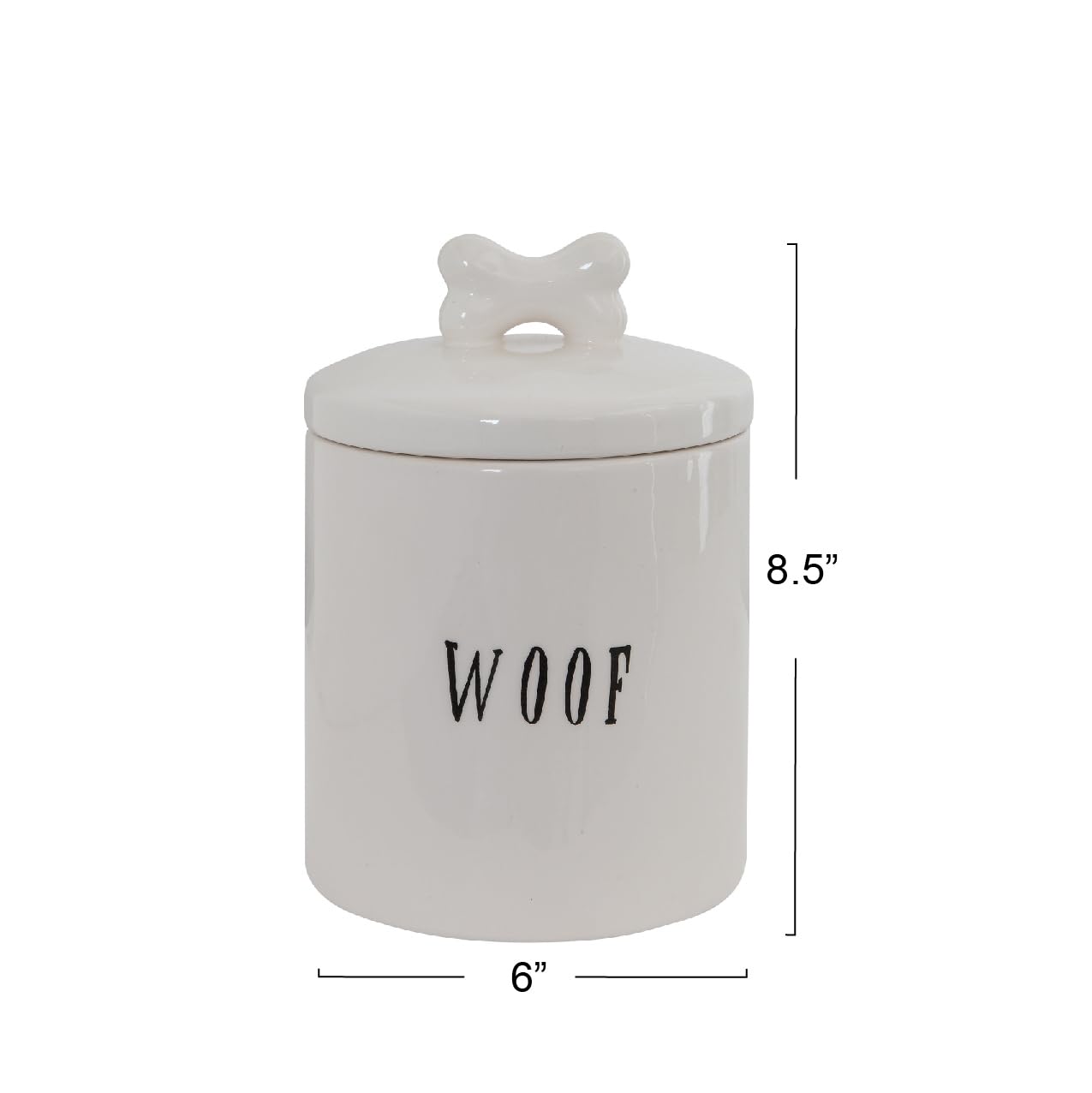 Creative Co-Op Ceramic Dog Treat Jar with Woof Message and Bone Handle Lid, White and Black