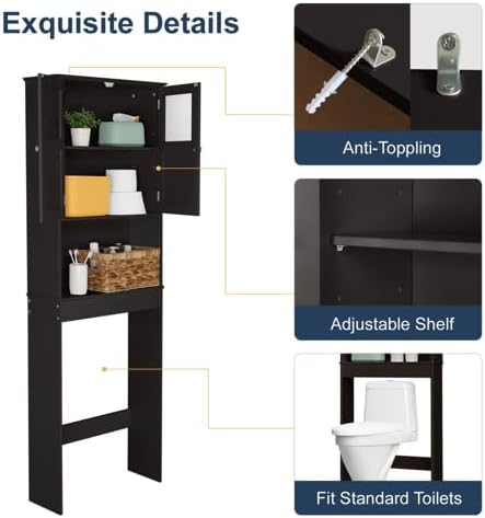 VINGLI Over The Toilet Storage Cabinet White Bathroom Storage Organizer Above The Toilet Shelf with Acrylic Glass Double Doors Wood Muebles para BañO Rack with Adjustable Shelf Espresso