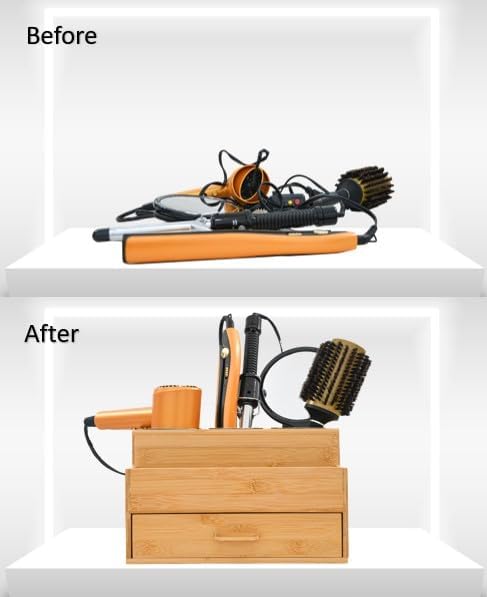 Hair Tool Organizer- Bamboo, Blow Dryer Holder, Bathroom Countertop, Vanity Caddy Storage Stand for Accessories, Makeup, Toiletries