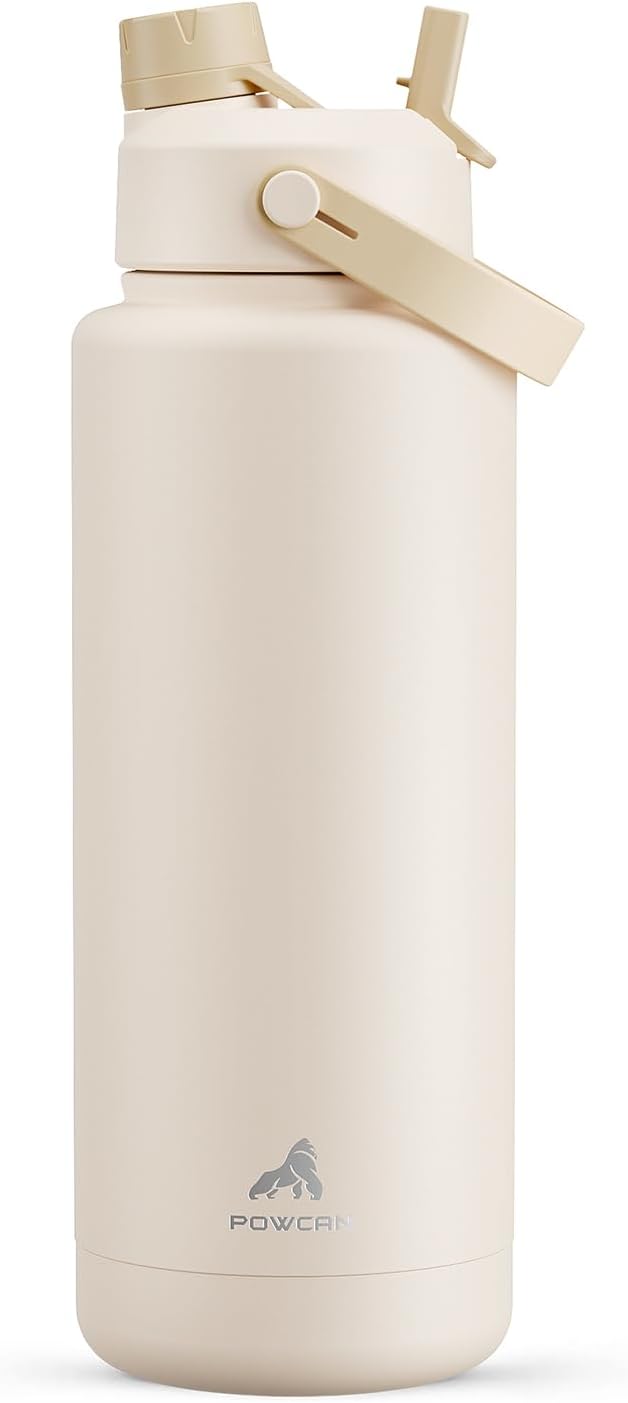 POWCAN 40 oz Insulated Water Bottle with 2-in-1 Straw and Spout Lid, Keep Cold 24H, Leak-Proof, BPA-Free, Double Wall Stainless Steel Water Bottle for Sports, Gym, Travel, and School (Mousse)