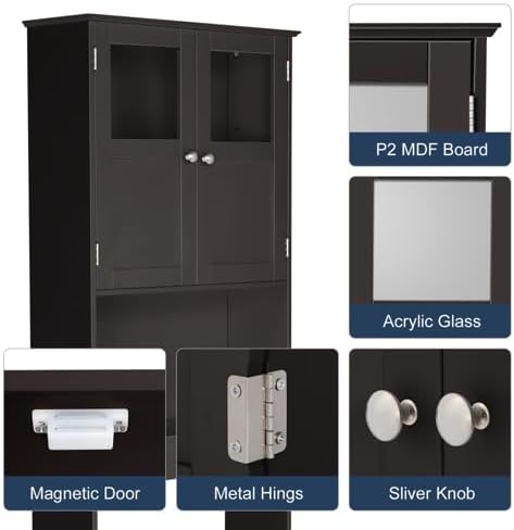VINGLI Over The Toilet Storage Cabinet White Bathroom Storage Organizer Above The Toilet Shelf with Acrylic Glass Double Doors Wood Muebles para BañO Rack with Adjustable Shelf Espresso