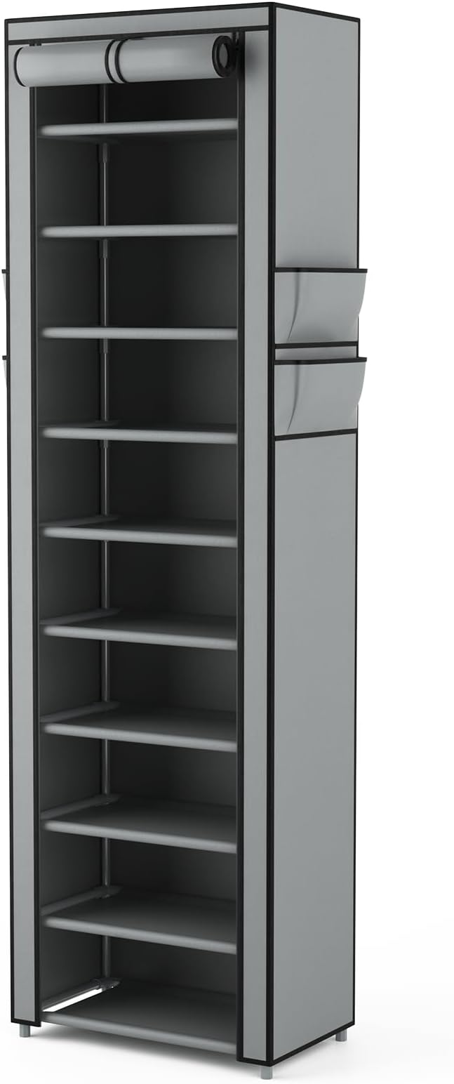 VTRIN Vertical Narrow Shoe Rack Organizer Tall Shoe Rack for Closet Entryway 10 Tier Non-Woven Cover Shoe Shelf Holds 20-22 Pairs Free Standing Shoe Storage Cabinet with Dustproof Cover, Grey