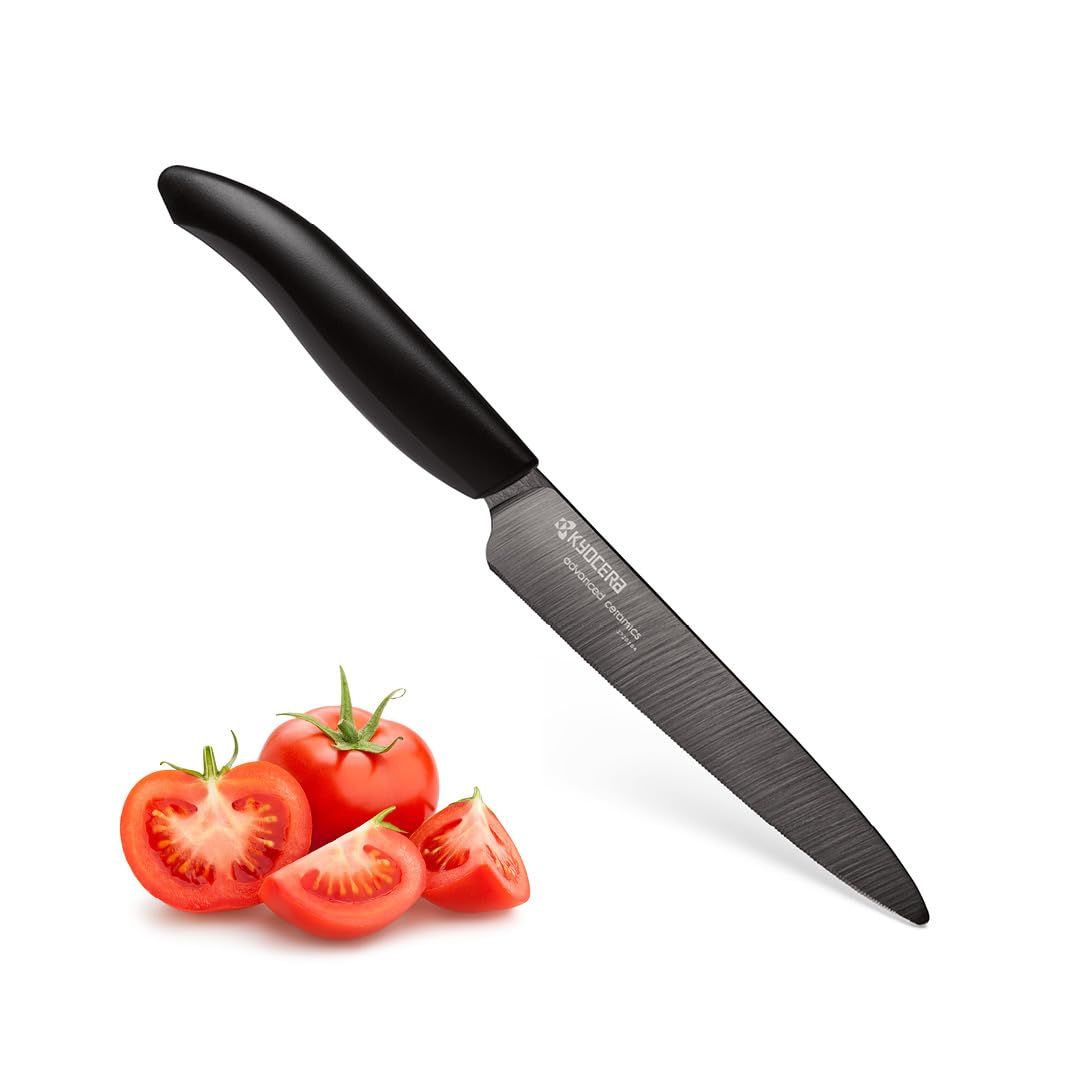 Kyocera Advanced Ceramic Revolution Series 5-inch Micro Serrated Tomato, Utility Knife, Black Blade