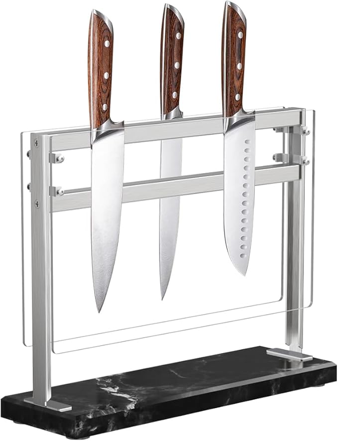 YIIYIIN Magnetic Knife Block with Marble Base - Double Sided Magnetic Knife Stand - Magnetic Knife Holder - Kitchen Knife Storage - Knife Holders for Counter Top - Black
