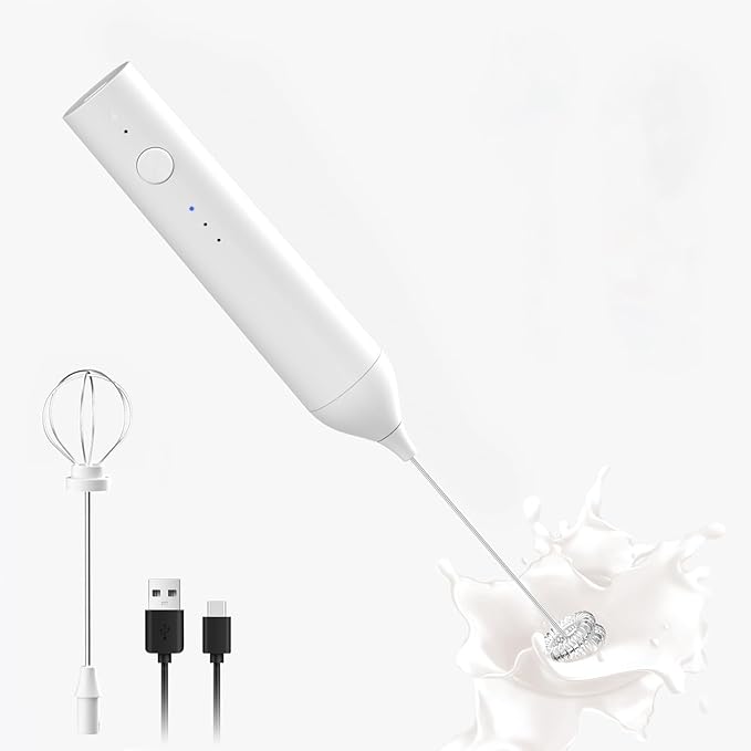 ELMWAY Rechargeable Milk Frother Handheld, 3-Speed Electric Whisk Frother Wand with Egg Whisk Attachment for Coffee, Matcha, Protein Powder, Latte & Cappuccino(Black without Stand)