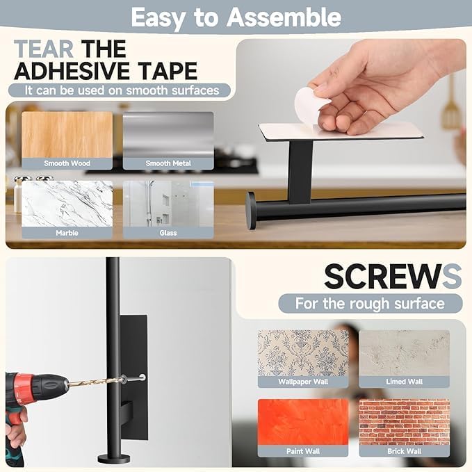 Paper Towel Holder Wall Mount - Self Adhesive No Drill or Drilling, SUS304 Stainless Steel - Kitchen, Bathroom, Sink, Pantry, Fridge(Black)