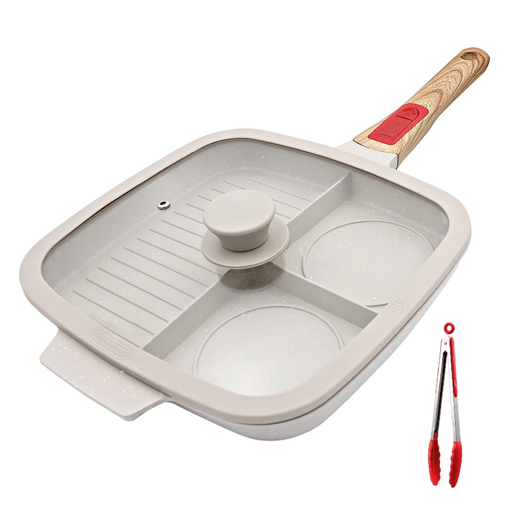 Bobikuke 3 in 1 Grill Pan for Stove Tops with Detachable Handle, Nonstick Versatile Griddle Divided Pan, Square Skillet PFOA Free, Black