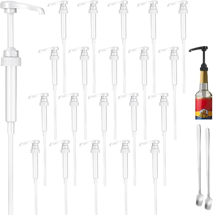 20 Packs White Coffee Syrup Pump Dispenser, Compatible with 25.4 Oz/750ml Bottles, Great for Home & Coffee Bar Drinking Mixes, Tea, Beverage, Cocktails, Plus Spoons