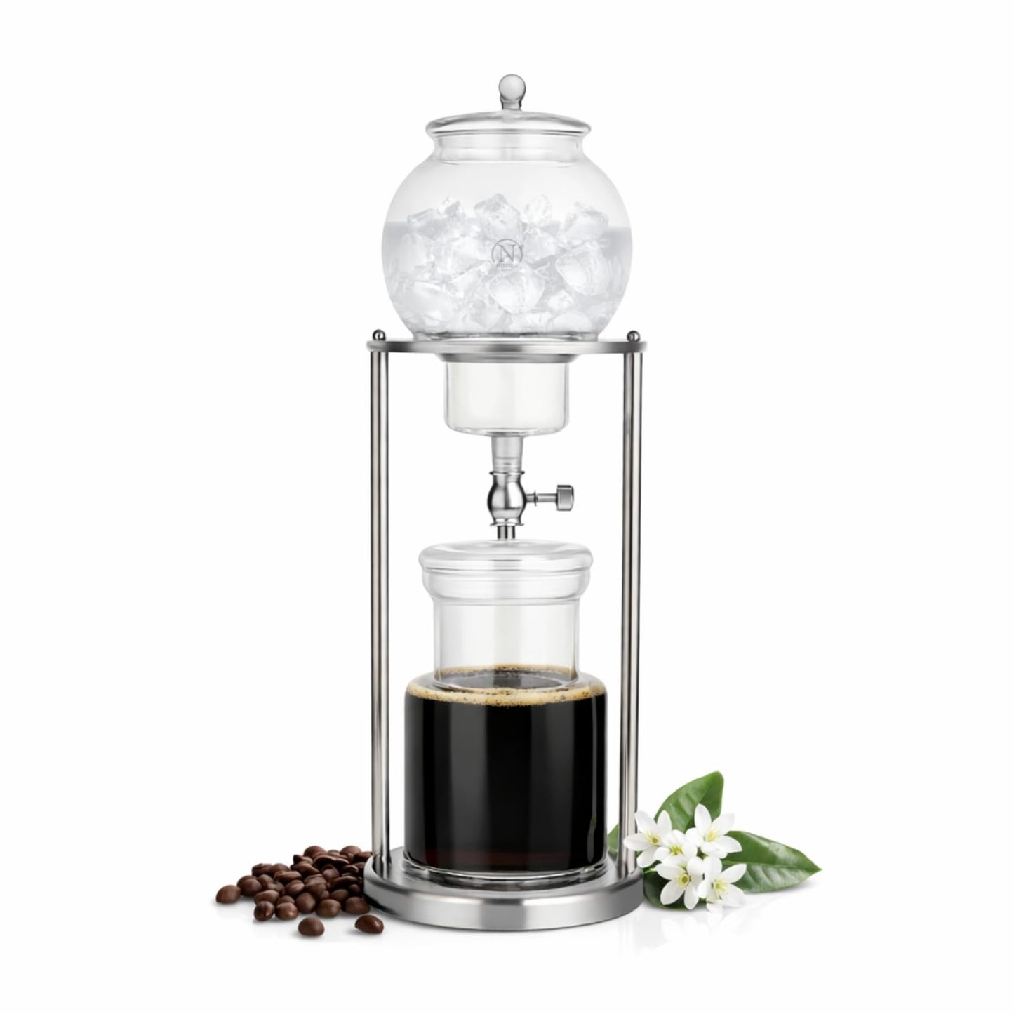 Nispira Luxury Ice Cold Brew Dripper Coffee Maker in Stainless Steel and Borosilicate Glass, 1000 ml Silver