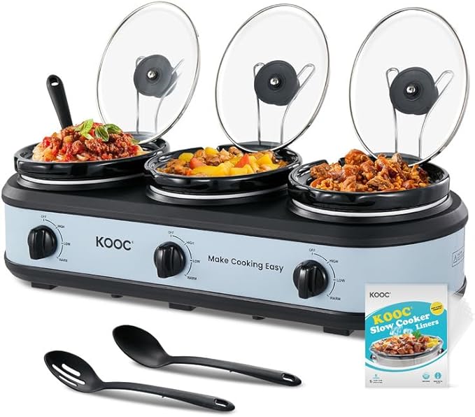 KOOC Double Small Slow Cooker, Buffet Server and Warmer, 2 Mini Pots with 3 Individual Adjustable Temp, Dual Ceramic Pots, Free Liners for Easy Clean-up, Stainless Steel, Total 2.5 Quart, Grey, Round