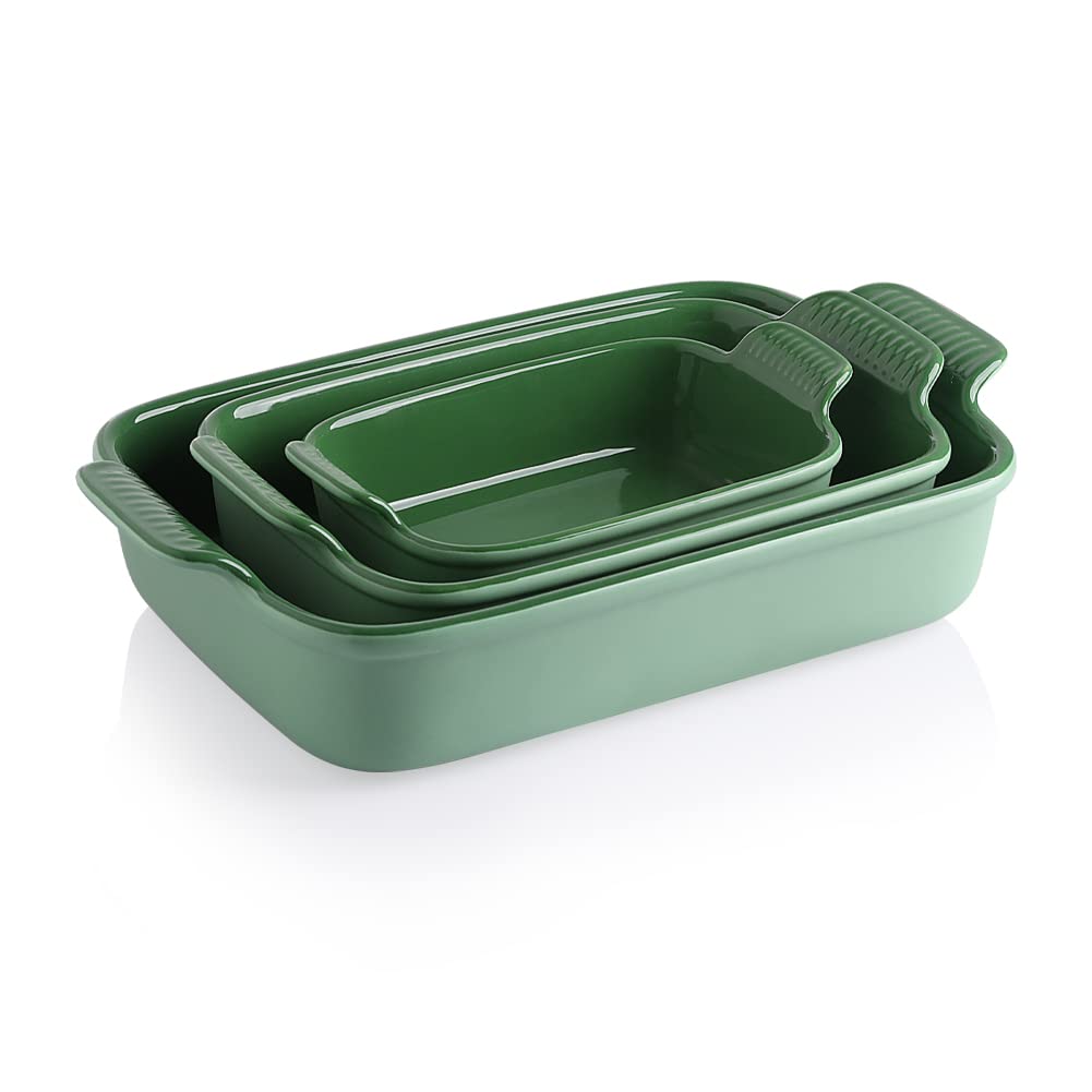 Sweejar Baking Pans Set, Ceramic 9x13 Baking Dish with Handle, Rectangular Casserole Dishes for Oven, Bakeware Sets of 3, Durable Lasagna Pan Deep for Kitchen, Banquet, Wedding Gift(Beige)