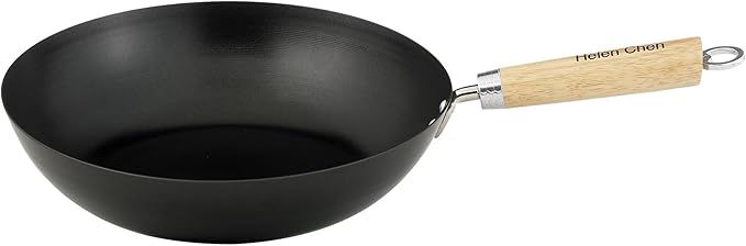 Helen's Asian Kitchen Carbon Steel Mini Wok, 8-Inch, Flat Bottom Chinese Stir Fry Pan With Rubberwood Handle For Single-Serve Stir Fry, Fried Rice, Noodles, And Asian Cooking